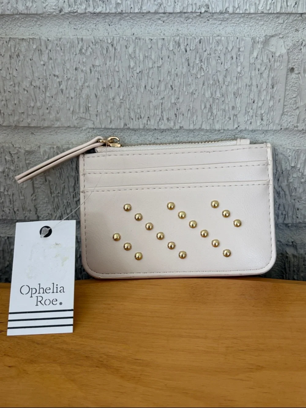 Ophelia Roe Ivory Faux Leather Case ID Holder Gold Studded Studs NEW